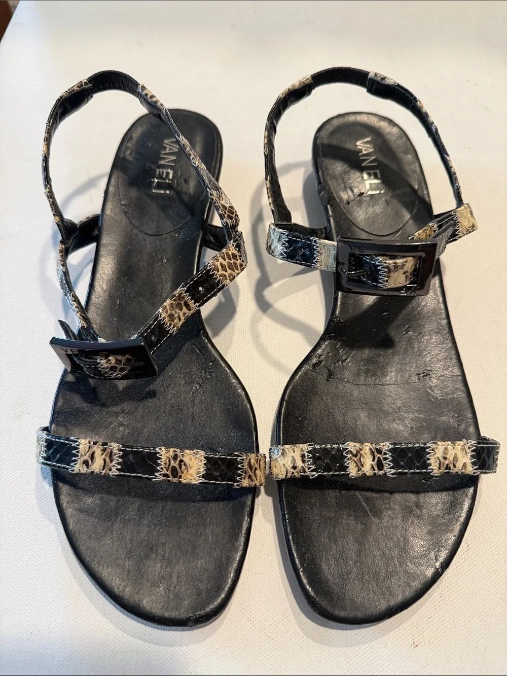 Vaneli Black Sandals with Tan Snakeskin Accents